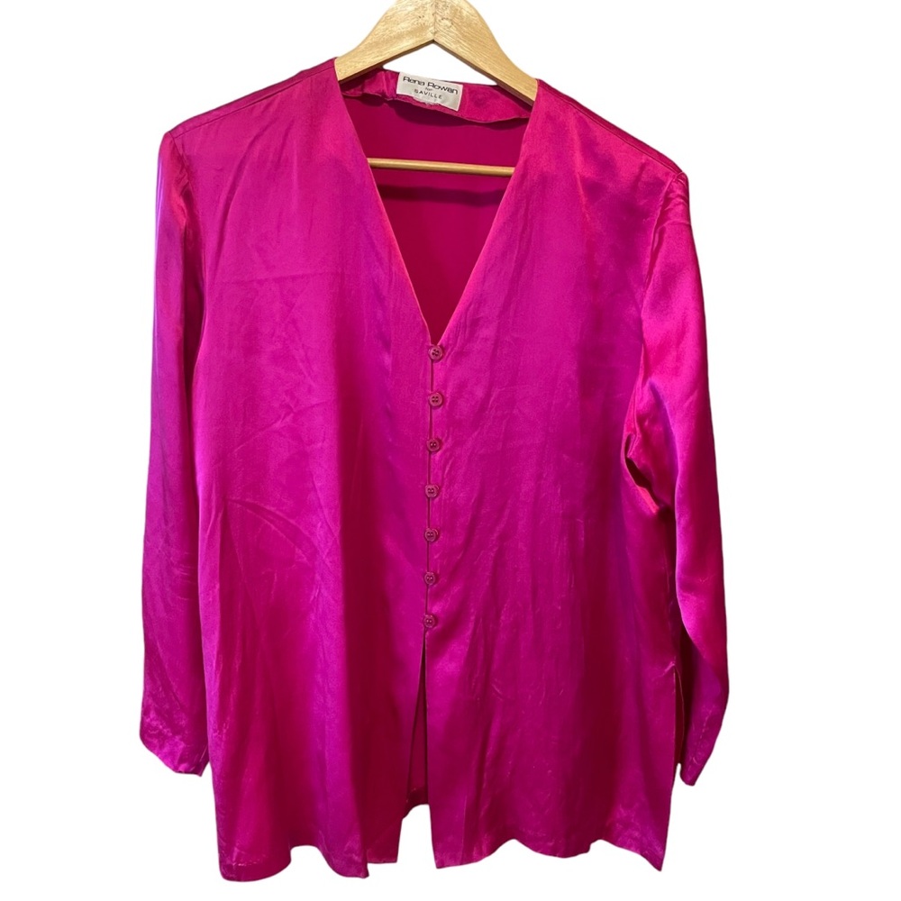 RENA ROWAN for Saville| 100% Silk Button up Flowy Pink blouse w/side slits L/XL
